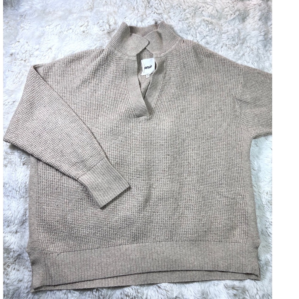 Aerie Waffle Knit Split Mock Neck Pullover Sweater Oatmeal Beige Medium. A11